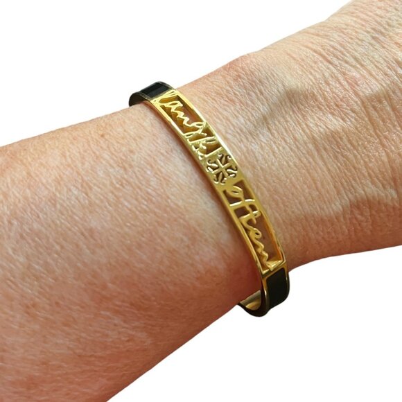 Rustic Cuff Laugh Often Enamel and Goldtone Bangle Cuff Bracelet - Picture 1 of 7